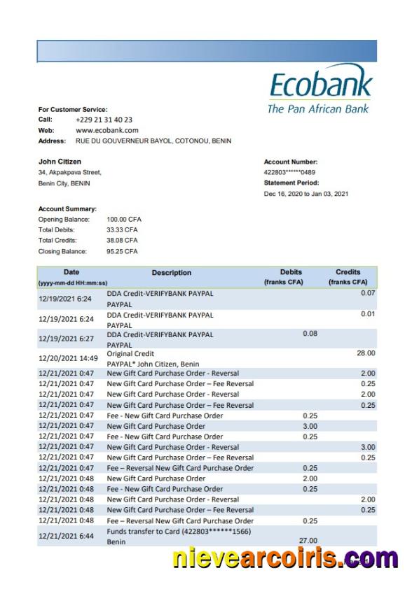 Benin Ecobank bank statement easy to fill in .xls and .pdf file format